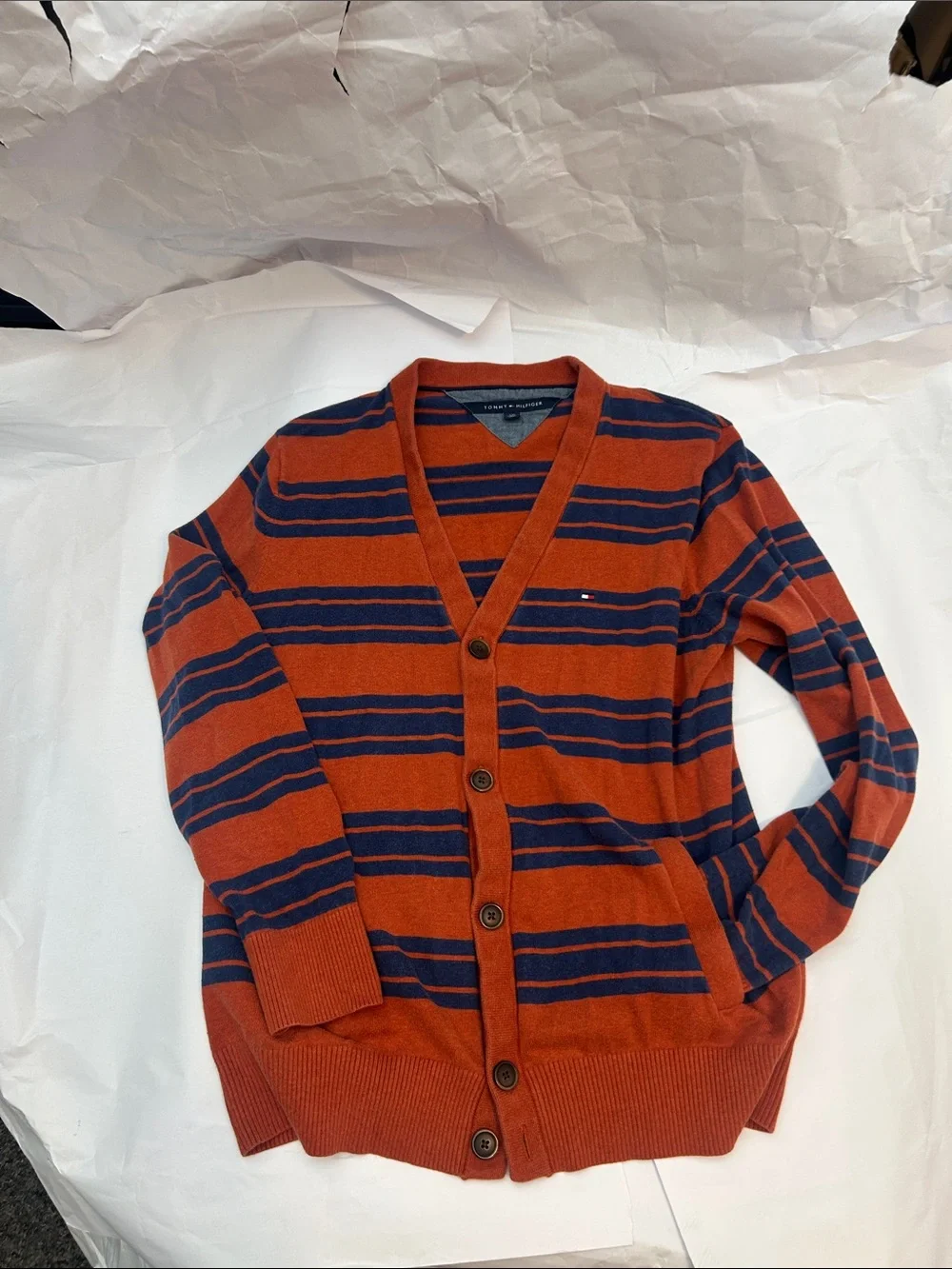 Tommy Hilfiger Men's Rust and Navy Striped V-Neck Cardigan